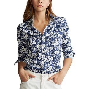 NWOT Polo Ralph Lauren Womens Floral Cotton Knit Oxford Shirt Navy White Medium